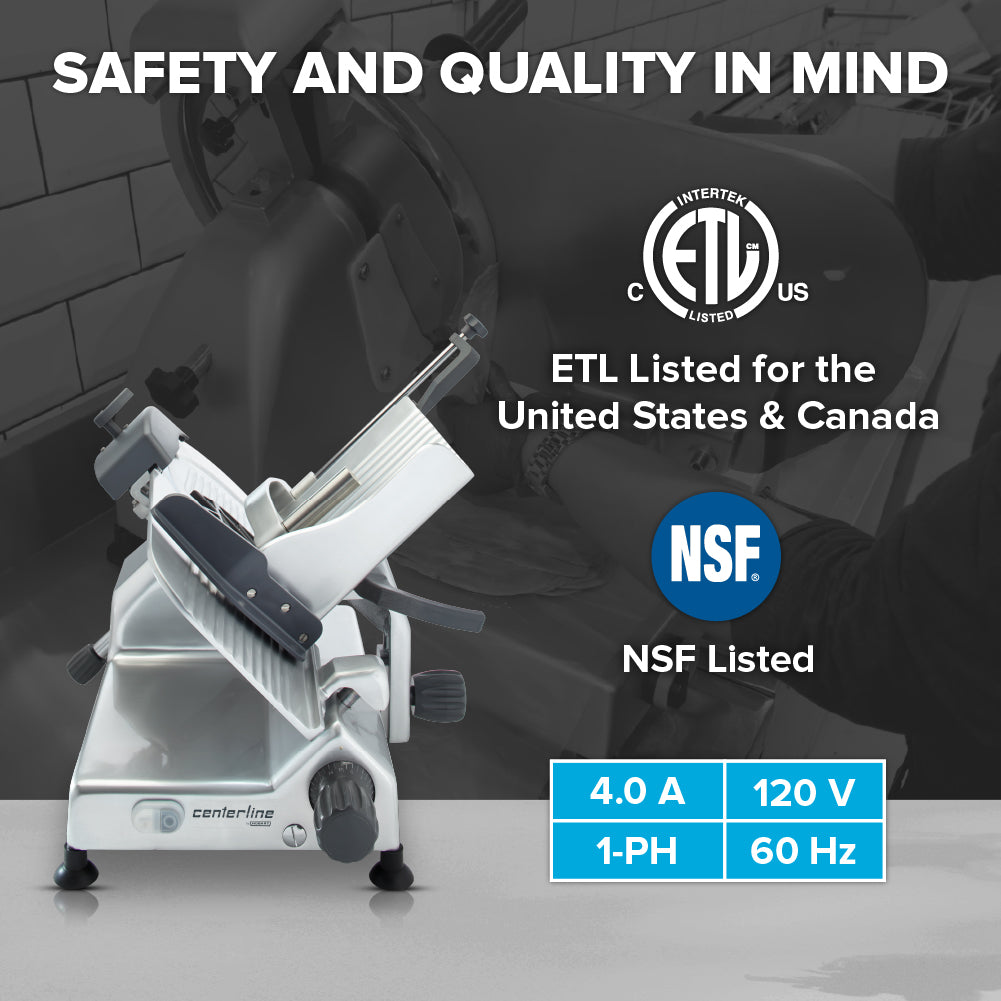 A Hobart Edge Series Slicer is featured in a modern kitchen. Text highlights “Safety and Quality in Mind” with ETL and NSF logos, 4.0 A, 120 V specs, and a sharp 12 carbon steel knife—all shown on a subtle gray background for focus.