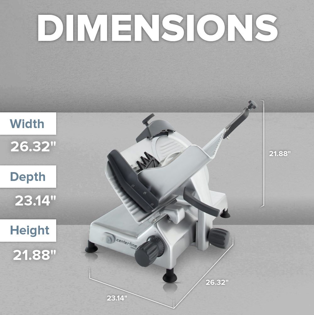A white and black Hobart Edge Series Slicer with measurements, featuring a 12 carbon steel knife for precise cutting.