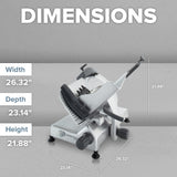 A white and black Hobart Edge Series Slicer with measurements, featuring a 12 carbon steel knife for precise cutting.