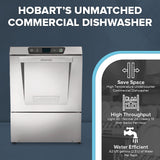 A stainless steel Hobart undercounter dishwasher is shown on the left. On the right, icons and text highlight features: energy recovery, high throughput (up to 30 dish racks/hour), high temperature sanitizing, and water-efficient use (.62 gallons/rack). Blue and gray background.