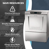 A stainless steel Hobart undercounter dishwasher is shown on the right. On the left, four icons highlight features: chemical efficiency, easy chemical changes, energy recovery through steam elimination, and high temperature sanitizing. The headline reads “Save Resources.”.