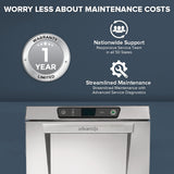 A stainless steel undercounter dishwasher front with the Advansys logo and control panel. Above, text highlights a 1-year limited warranty, nationwide support, and streamlined maintenance with advanced diagnostics, all on a plain blue background.