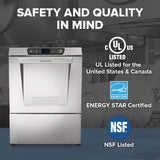 A stainless steel Hobart undercounter dishwasher is shown with text stating Safety and Quality in Mind. Logos highlight its UL listing for the US & Canada, ENERGY STAR certification, NSF listing, and high temperature sanitizing. Blurred industrial kitchen setting in background.