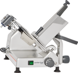 A commercial manual meat slicer made of stainless steel, shown in profile. Featuring a 12 carbon steel knife, adjustable thickness dial, green power switch, food carriage with handle, and legs for stability. The slicer is labeled “centerline.”.