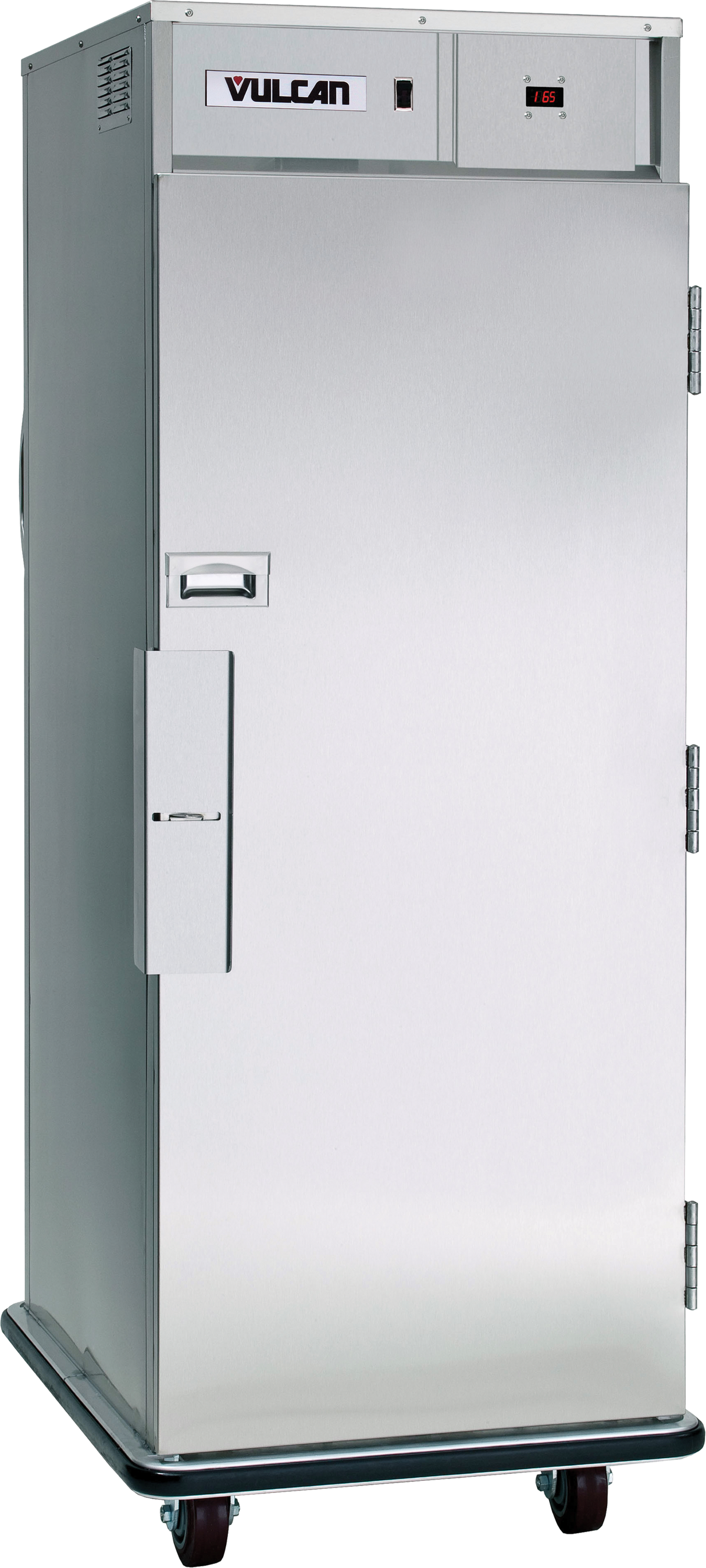 A tall Vulcan Correctional Holding Cabinet with stainless steel construction stands on four wheels. This mobile heating cabinet features a side handle, a top control panel with temperature display, and a solid front door with durable metal hinges.