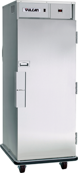A tall Vulcan Correctional Holding Cabinet with stainless steel construction stands on four wheels. This mobile heating cabinet features a side handle, a top control panel with temperature display, and a solid front door with durable metal hinges.