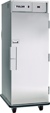 A tall Vulcan Correctional Holding Cabinet with stainless steel construction stands on four wheels. This mobile heating cabinet features a side handle, a top control panel with temperature display, and a solid front door with durable metal hinges.