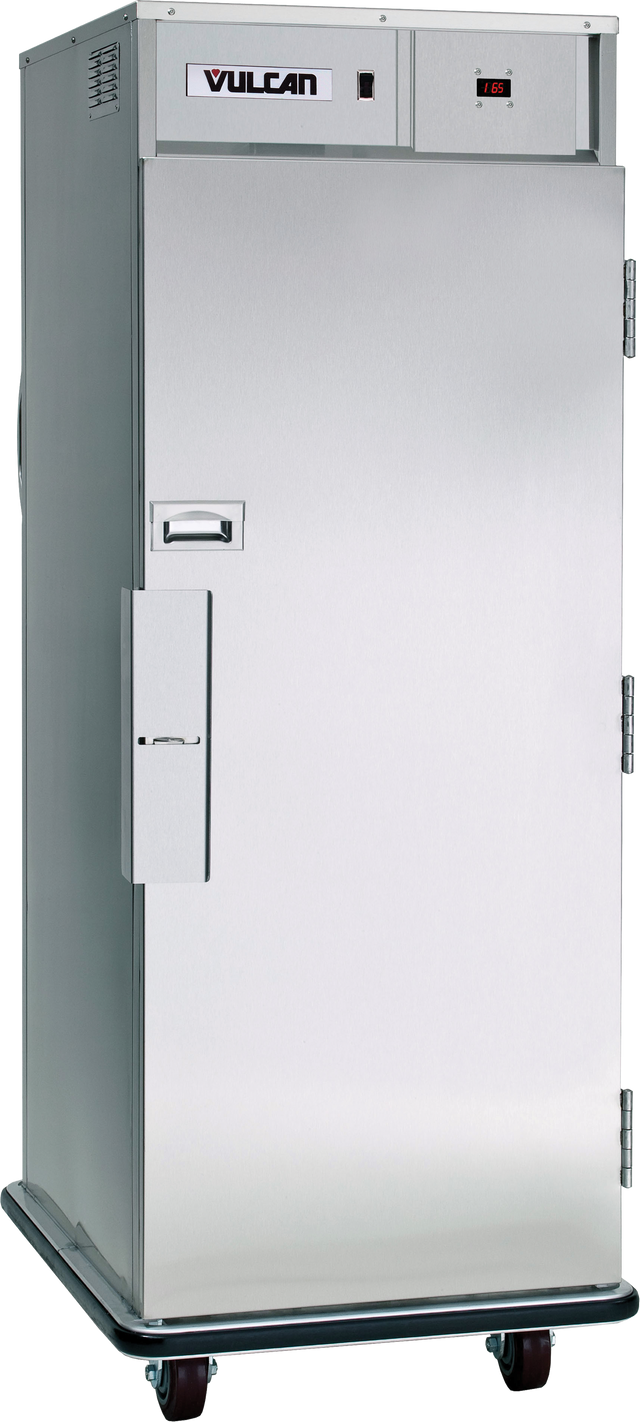 A tall Vulcan Correctional Holding Cabinet with stainless steel construction stands on four wheels. This mobile heating cabinet features a side handle, a top control panel with temperature display, and a solid front door with durable metal hinges.