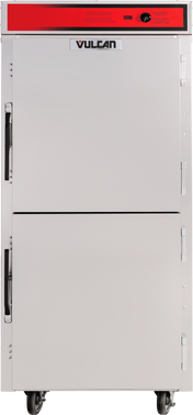 A commercial Vulcan Mobile Pan Cabinet with a stainless steel exterior, red control panel at the top, black dial, two stacked doors with metal handles, and four caster wheels at the base for easy mobility.