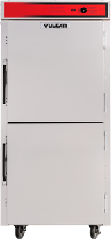 A commercial stainless steel transport cabinet on wheels with two doors, vertical handles, a control panel at the top with red accent, and the Vulcan brand logo prominently displayed in the center near the top.