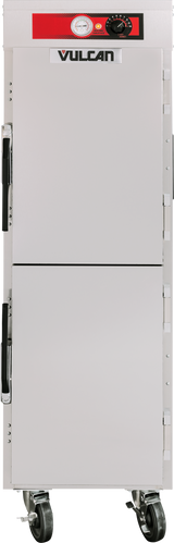 A stainless steel mobile holding cabinet by Vulcan with a red control panel, gauge, and dial on top, two vertically stacked doors with black handles, and four swivel casters for mobility. Designed for high steam table pan capacity.