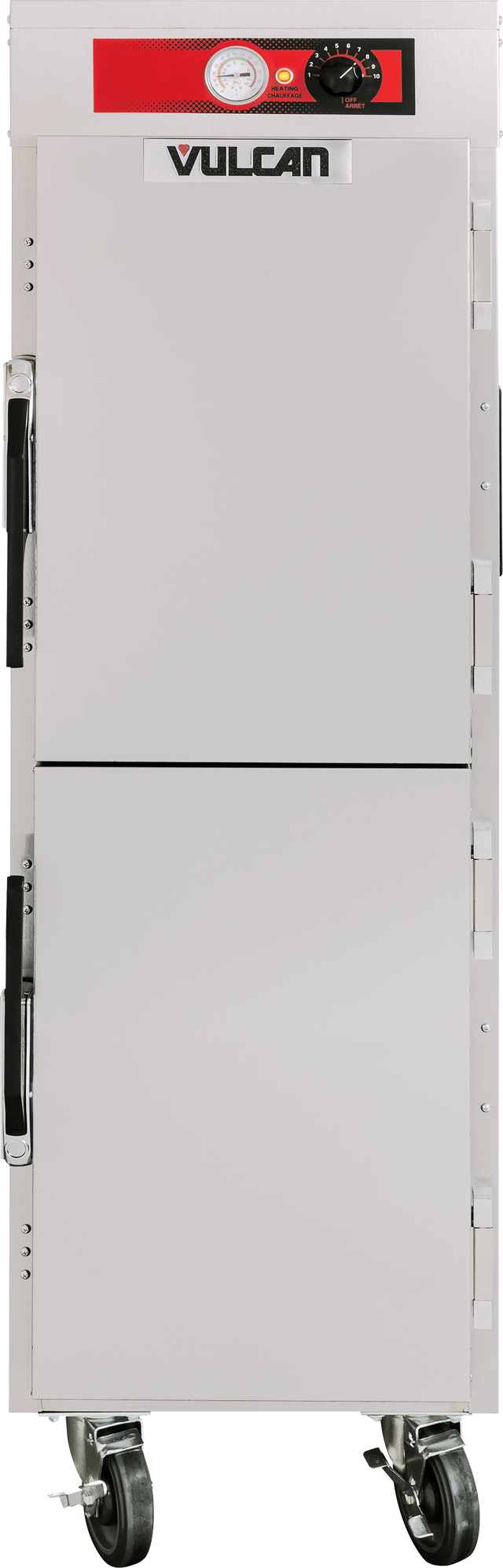 A stainless steel mobile holding cabinet by Vulcan with a red control panel, gauge, and dial on top, two vertically stacked doors with black handles, and four swivel casters for mobility. Designed for high steam table pan capacity.