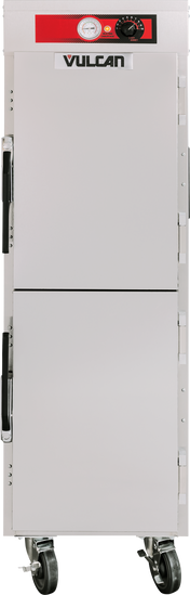 A tall, stainless steel mobile holding cabinet with two doors, black handles, control knobs, and a temperature gauge at the top. The unit is on four caster wheels and has a “Vulcan” logo on the front above the doors. Holds steam table pans.
