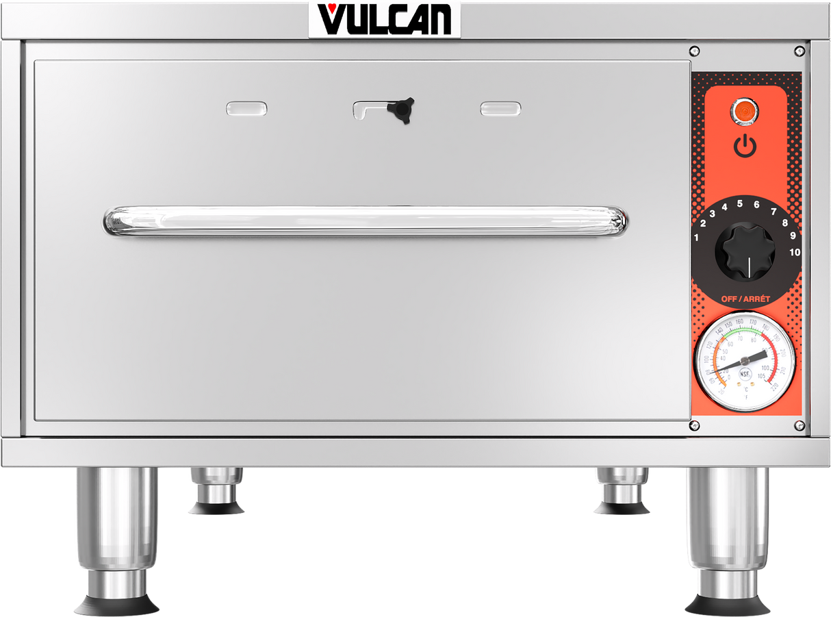 A stainless steel Vulcan oven with a single front door, horizontal handle, control knob, thermostatic controls, power button, and a temperature gauge on the right side panel; it stands on four sturdy cylindrical legs.