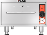 A stainless steel Vulcan oven with a single front door, horizontal handle, control knob, thermostatic controls, power button, and a temperature gauge on the right side panel; it stands on four sturdy cylindrical legs.