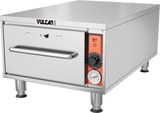 A stainless steel Vulcan commercial oven with thermostatic controls, a front door handle, an orange side control panel featuring a temperature dial, on/off knob, and built-in thermometer, stands on four metal legs against a white background.