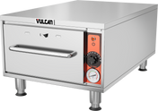 A stainless steel Vulcan commercial oven with thermostatic controls, a front door handle, an orange side control panel featuring a temperature dial, on/off knob, and built-in thermometer, stands on four metal legs against a white background.