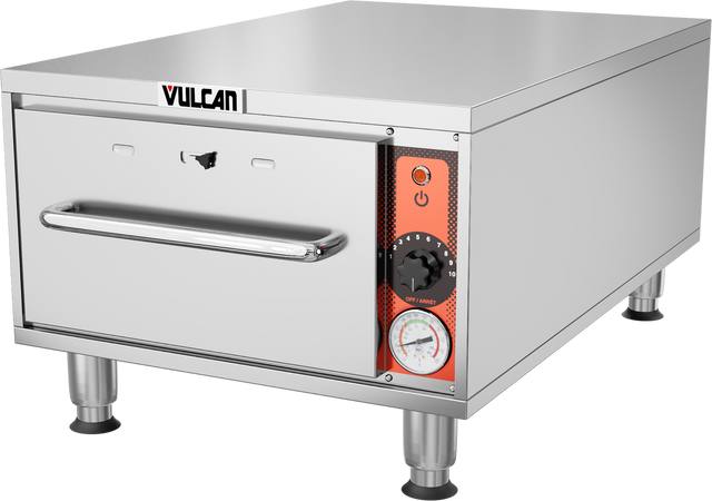 A stainless steel Vulcan commercial oven with thermostatic controls, a front door handle, an orange side control panel featuring a temperature dial, on/off knob, and built-in thermometer, stands on four metal legs against a white background.