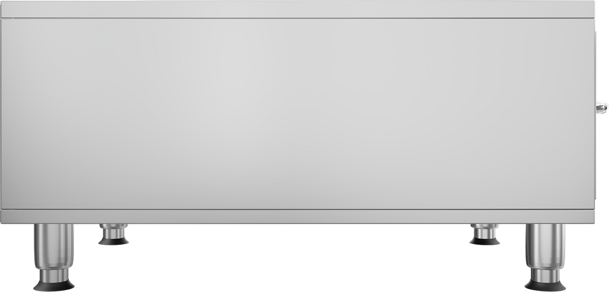 A stainless steel Slim-Line Warming Drawer with a smooth front panel, four adjustable cylindrical legs, and a right-side handle. Its minimalist, modern design makes it ideal as a storage unit or for keeping food warm in commercial kitchens.
