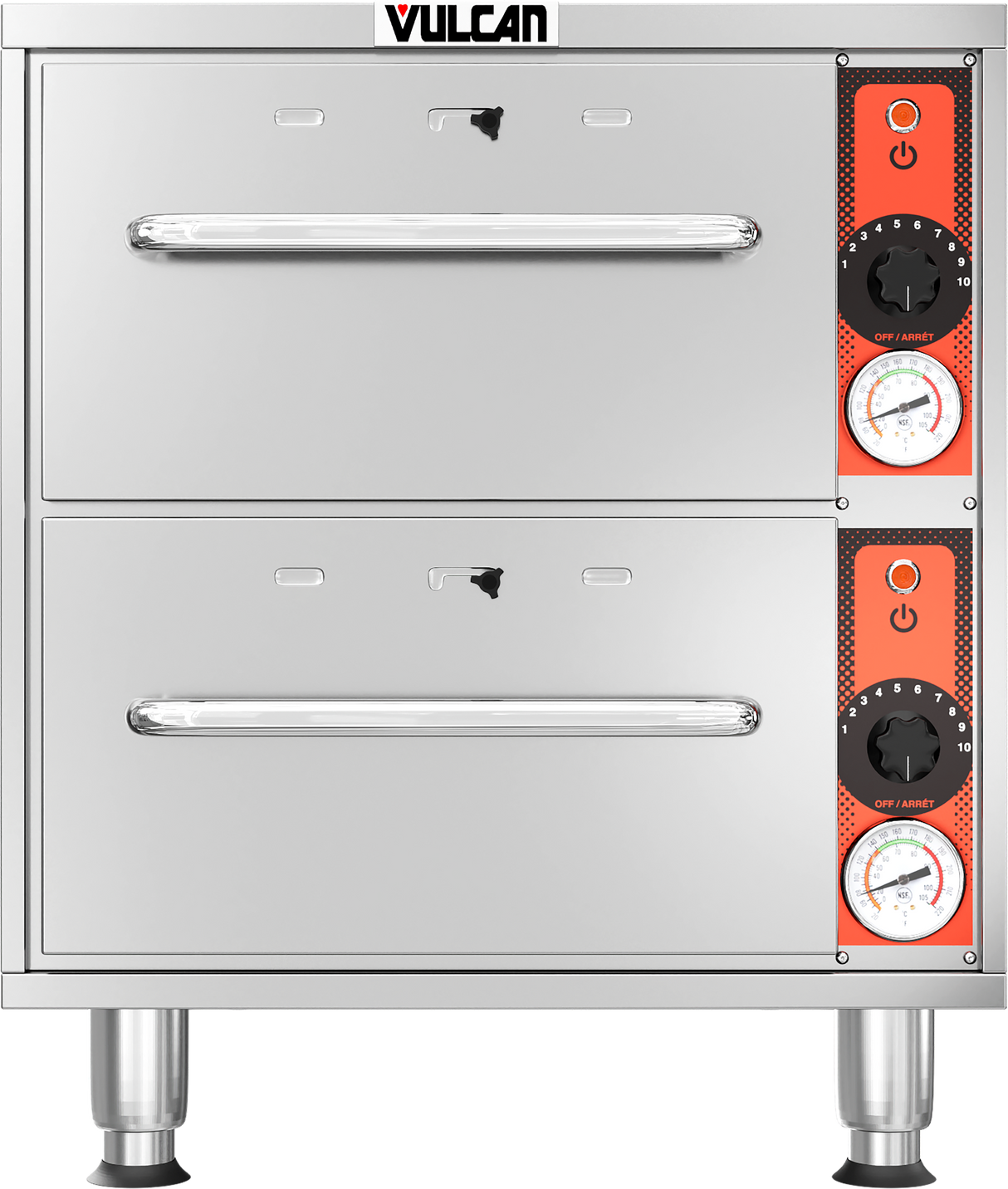 A stainless steel Vulcan double-deck commercial oven with two horizontal handles, two temperature control knobs, and two analog temperature gauges on a red vertical panel to the right, paired with a free standing warming drawer for added versatility.