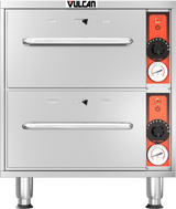 A stainless steel Vulcan double-deck commercial oven with two horizontal handles, two temperature control knobs, and two analog temperature gauges on a red vertical panel to the right, paired with a free standing warming drawer for added versatility.