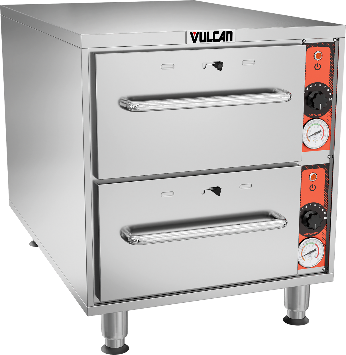 A commercial Slim-Line Warming Drawer oven with two stacked pull-out drawers and handles. The front panel features dials, gauges, and buttons on a red strip to the right. This free standing warming drawer by Vulcan sits on four metal legs.