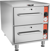 A commercial Slim-Line Warming Drawer oven with two stacked pull-out drawers and handles. The front panel features dials, gauges, and buttons on a red strip to the right. This free standing warming drawer by Vulcan sits on four metal legs.