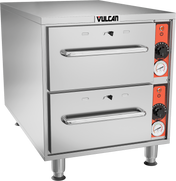 A commercial Slim-Line Warming Drawer oven with two stacked pull-out drawers and handles. The front panel features dials, gauges, and buttons on a red strip to the right. This free standing warming drawer by Vulcan sits on four metal legs.