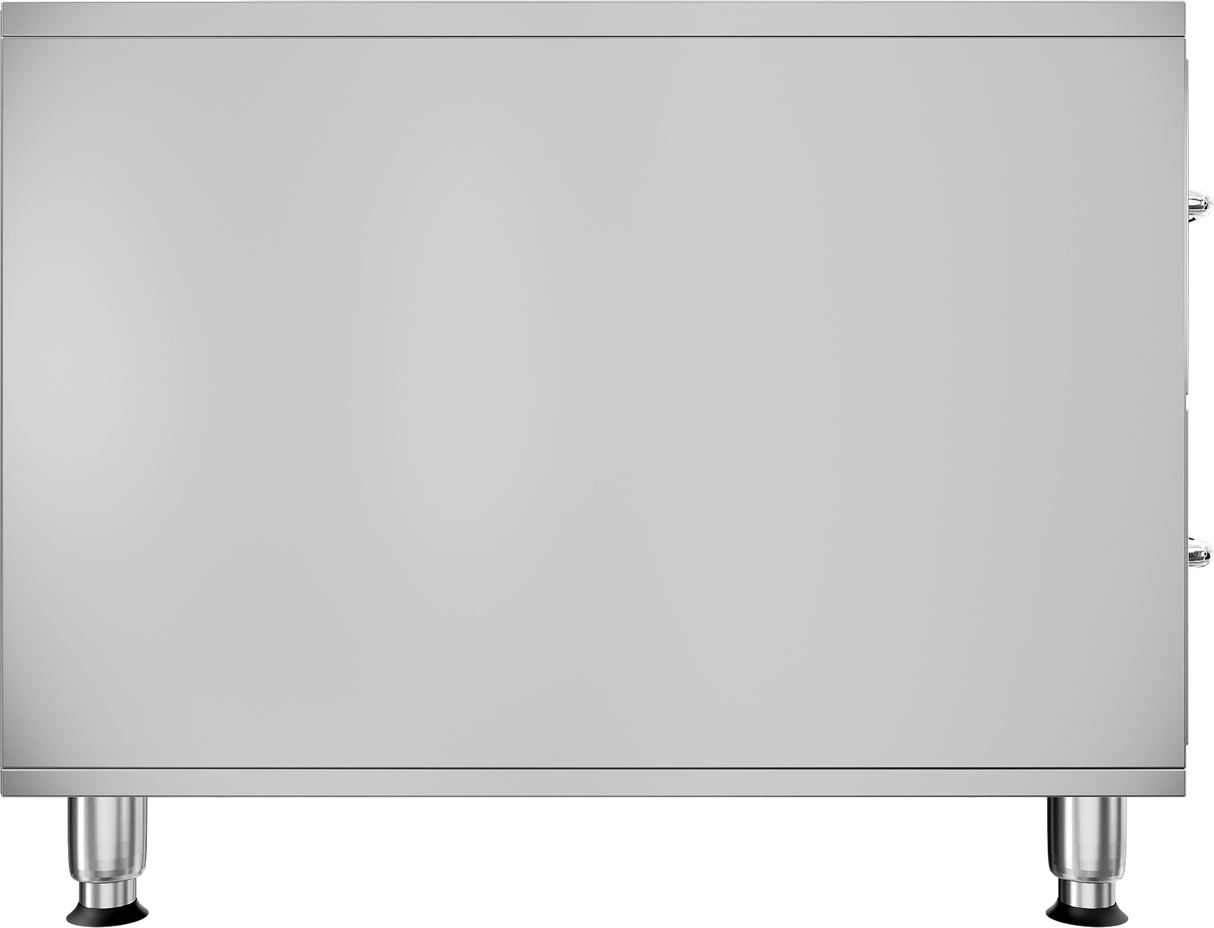 A stainless steel Slim-Line Warming Drawer cabinet with a smooth front, standing on four metal legs with black bases. The free standing warming drawer is plain, with no visible handles or decorations, and appears industrial or commercial in design.