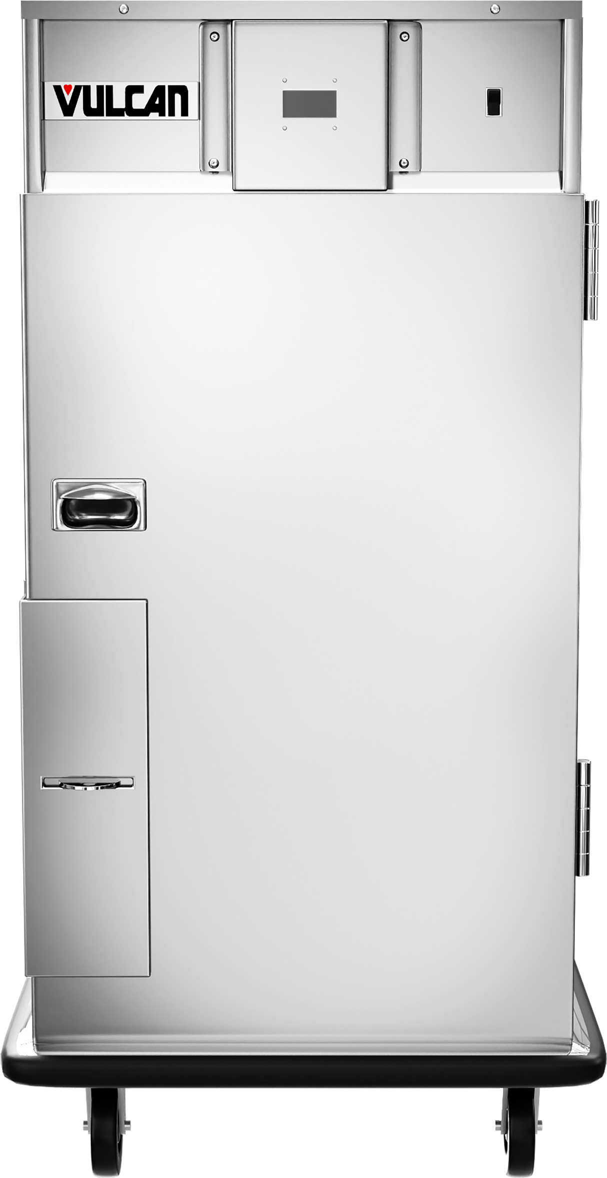 A stainless steel Vulcan mobile heating cabinet on wheels, featuring a rectangular door with a handle, a small control panel and display at the top, a side compartment, and a prominent brand logo in the upper left corner.