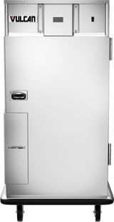 A stainless steel Vulcan mobile heating cabinet on wheels, featuring a rectangular door with a handle, a small control panel and display at the top, a side compartment, and a prominent brand logo in the upper left corner.