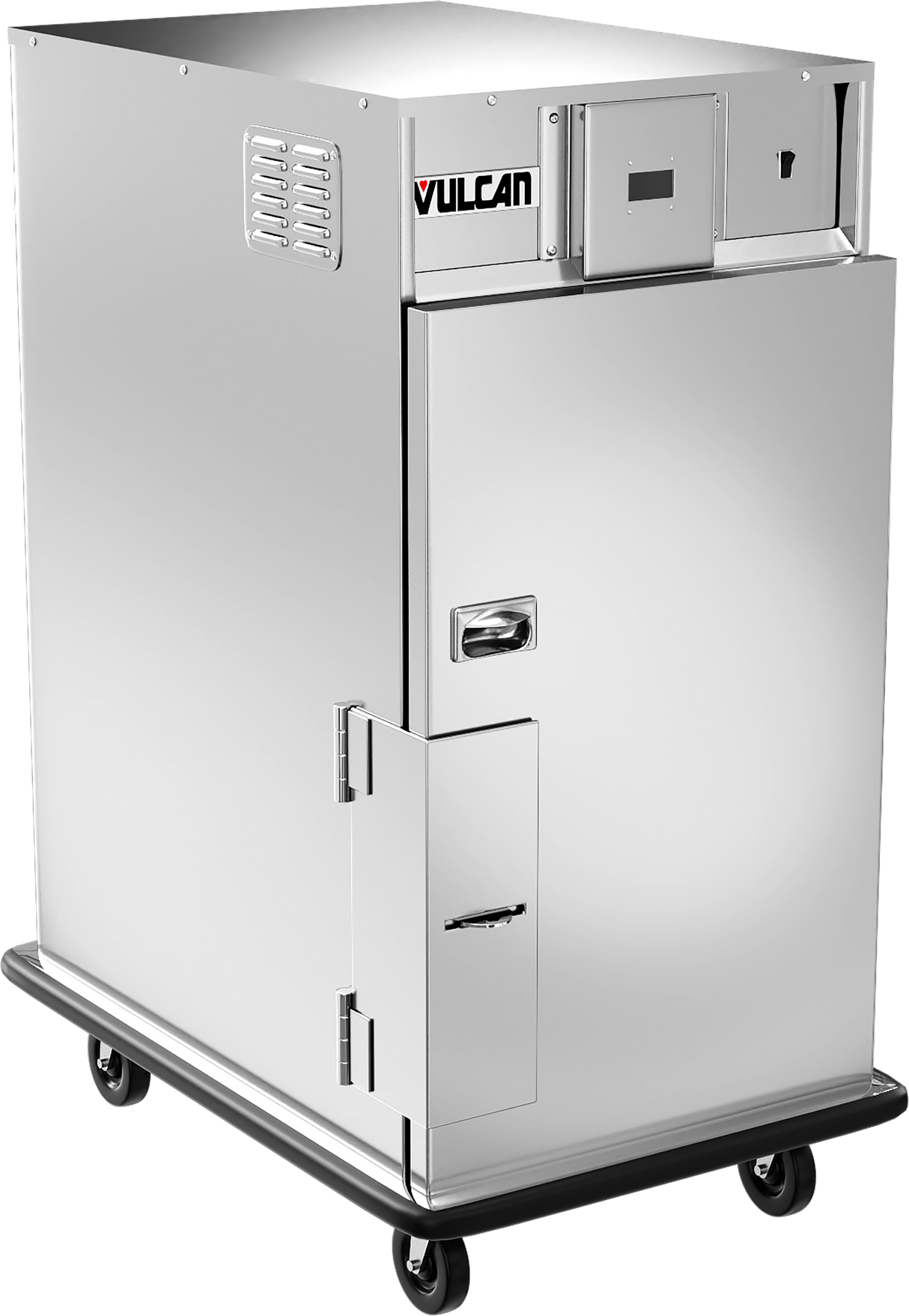 A large, stainless steel Vulcan mobile holding cabinet features a rectangular shape, front door, handle, vents, control panel, and four black caster wheels; the forced air heating system ensures efficient warming and a sturdy, modern industrial look.