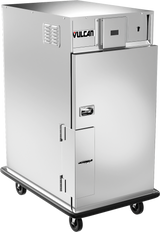 A large, stainless steel Vulcan mobile holding cabinet features a rectangular shape, front door, handle, vents, control panel, and four black caster wheels; the forced air heating system ensures efficient warming and a sturdy, modern industrial look.