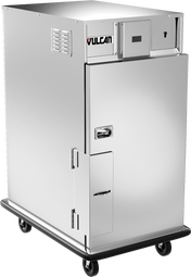 A large, stainless steel Vulcan mobile holding cabinet features a rectangular shape, front door, handle, vents, control panel, and four black caster wheels; the forced air heating system ensures efficient warming and a sturdy, modern industrial look.