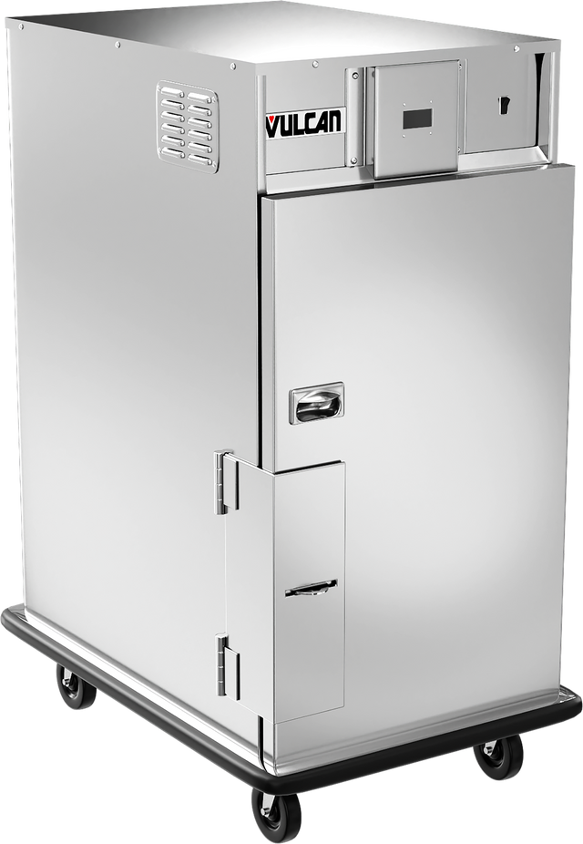 A large, stainless steel Vulcan mobile holding cabinet features a rectangular shape, front door, handle, vents, control panel, and four black caster wheels; the forced air heating system ensures efficient warming and a sturdy, modern industrial look.