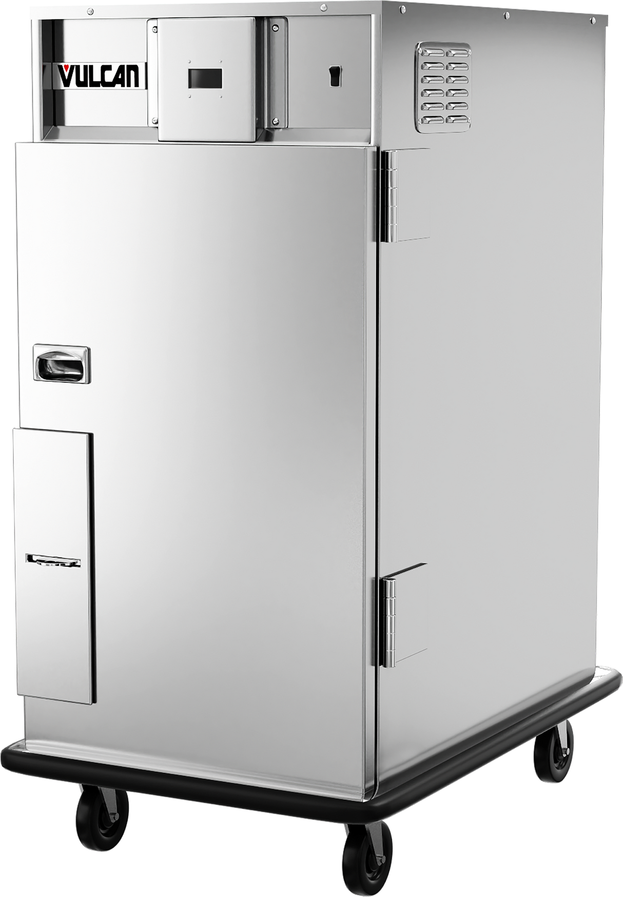 A large stainless steel mobile holding cabinet on four black caster wheels, with a single door, vented side panels, handle, and Vulcan logo on the top left corner. Features a reliable forced air heating system for consistent food warmth.