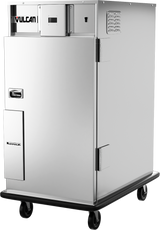 A large stainless steel mobile holding cabinet on four black caster wheels, with a single door, vented side panels, handle, and Vulcan logo on the top left corner. Features a reliable forced air heating system for consistent food warmth.