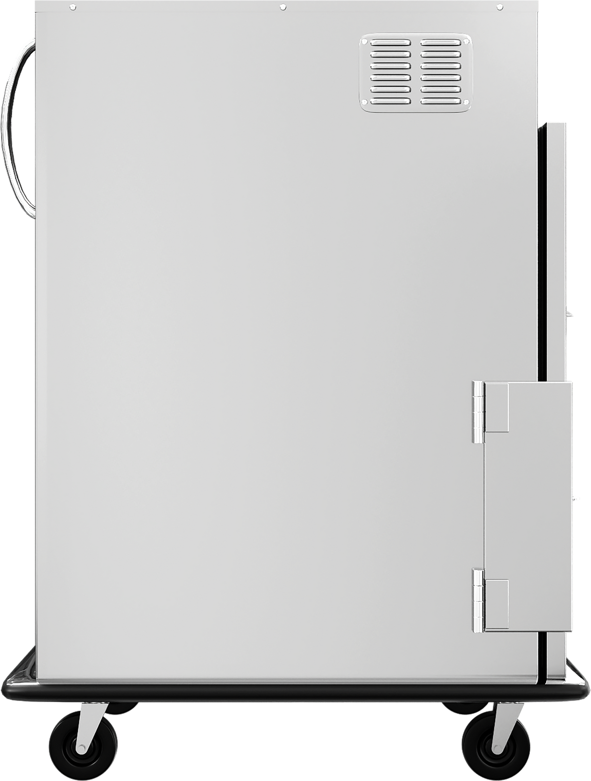 A large, white, metal mobile holding cabinet on four black wheels with a handle on the left side, a vent and hinges on the upper and lower right, and a black base. The cart is clean and has a modern, industrial appearance.