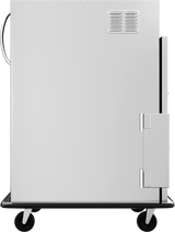 A large, white, metal mobile holding cabinet on four black wheels with a handle on the left side, a vent and hinges on the upper and lower right, and a black base. The cart is clean and has a modern, industrial appearance.