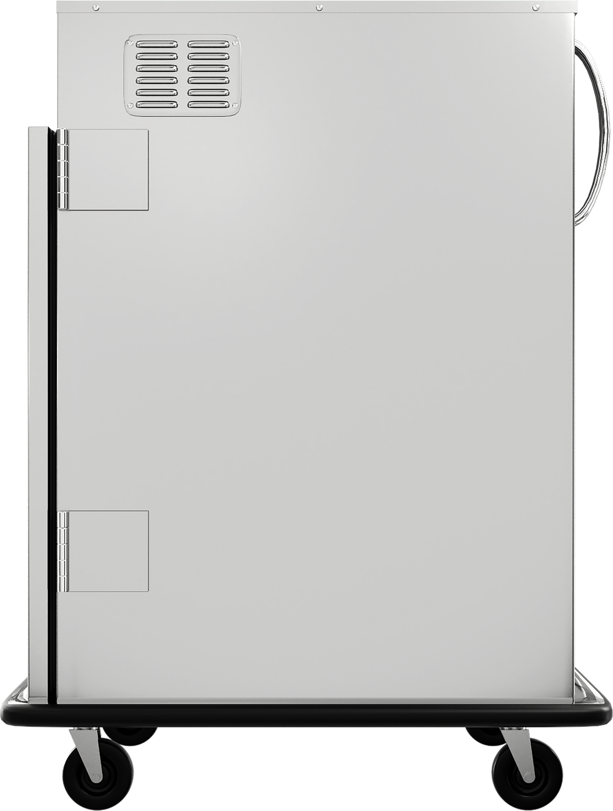 A plain, silver metal mobile holding cabinet with a door and vent on the side, large handle, and four black wheels. The cabinet has a rectangular shape and is ideal for storage or transport in industrial or kitchen settings.