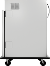 A plain, silver metal mobile holding cabinet with a door and vent on the side, large handle, and four black wheels. The cabinet has a rectangular shape and is ideal for storage or transport in industrial or kitchen settings.