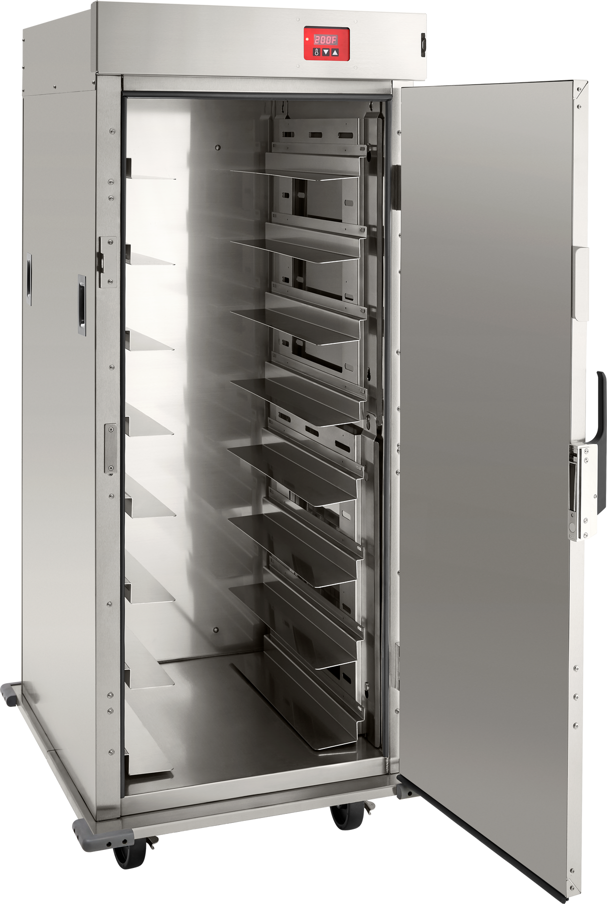 A large stainless steel correctional holding cabinet with a digital control panel at the top stands on wheels. Its open door reveals multiple evenly spaced trays inside, designed for food storage or warming in a busy commercial kitchen setting.
