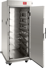 A large stainless steel correctional holding cabinet with a digital control panel at the top stands on wheels. Its open door reveals multiple evenly spaced trays inside, designed for food storage or warming in a busy commercial kitchen setting.
