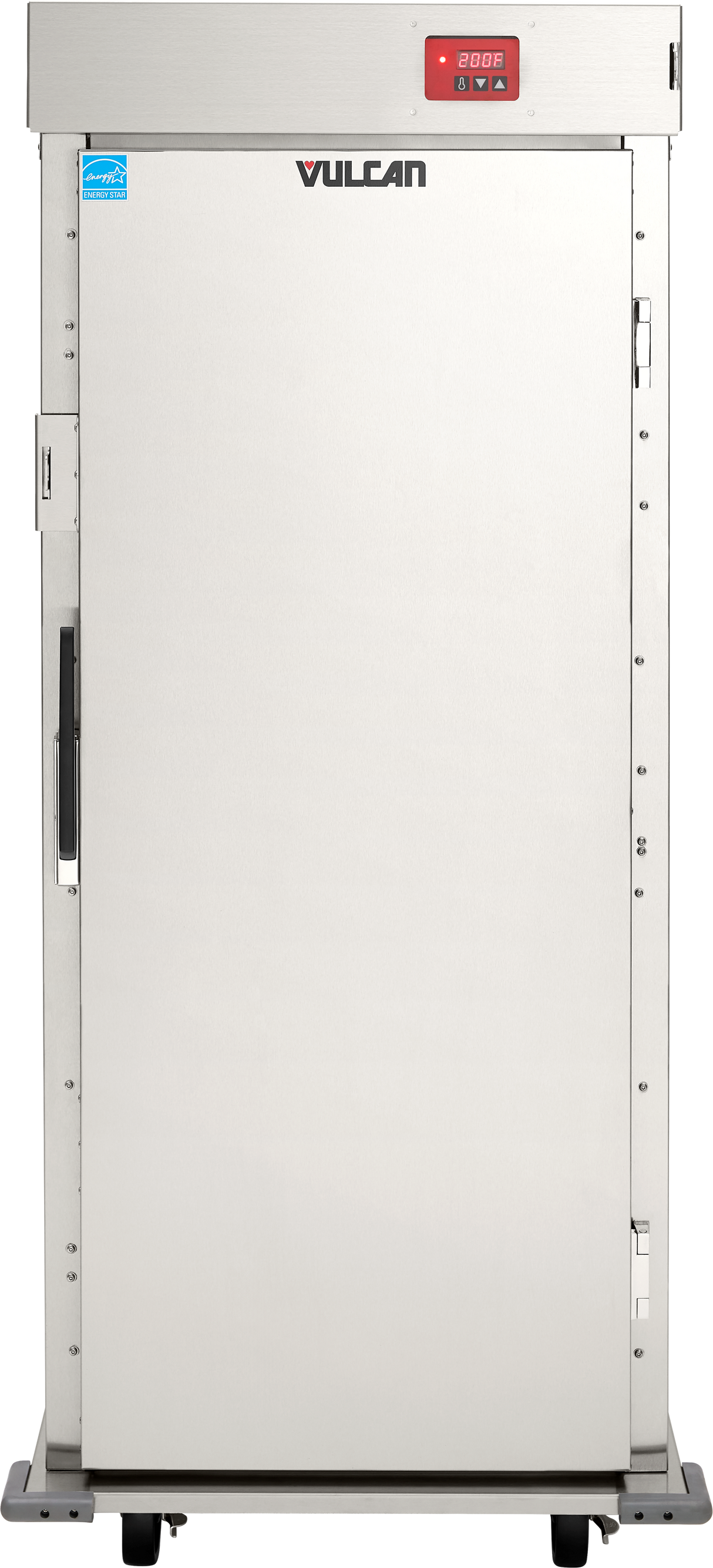 A stainless steel Vulcan institutional series warming cabinet with a solid front door, black handle on the right, digital control panel with red display at the top right, and blue certification sticker at the top left. The unit stands on black feet.