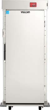 A stainless steel Vulcan institutional series warming cabinet with a solid front door, black handle on the right, digital control panel with red display at the top right, and blue certification sticker at the top left. The unit stands on black feet.