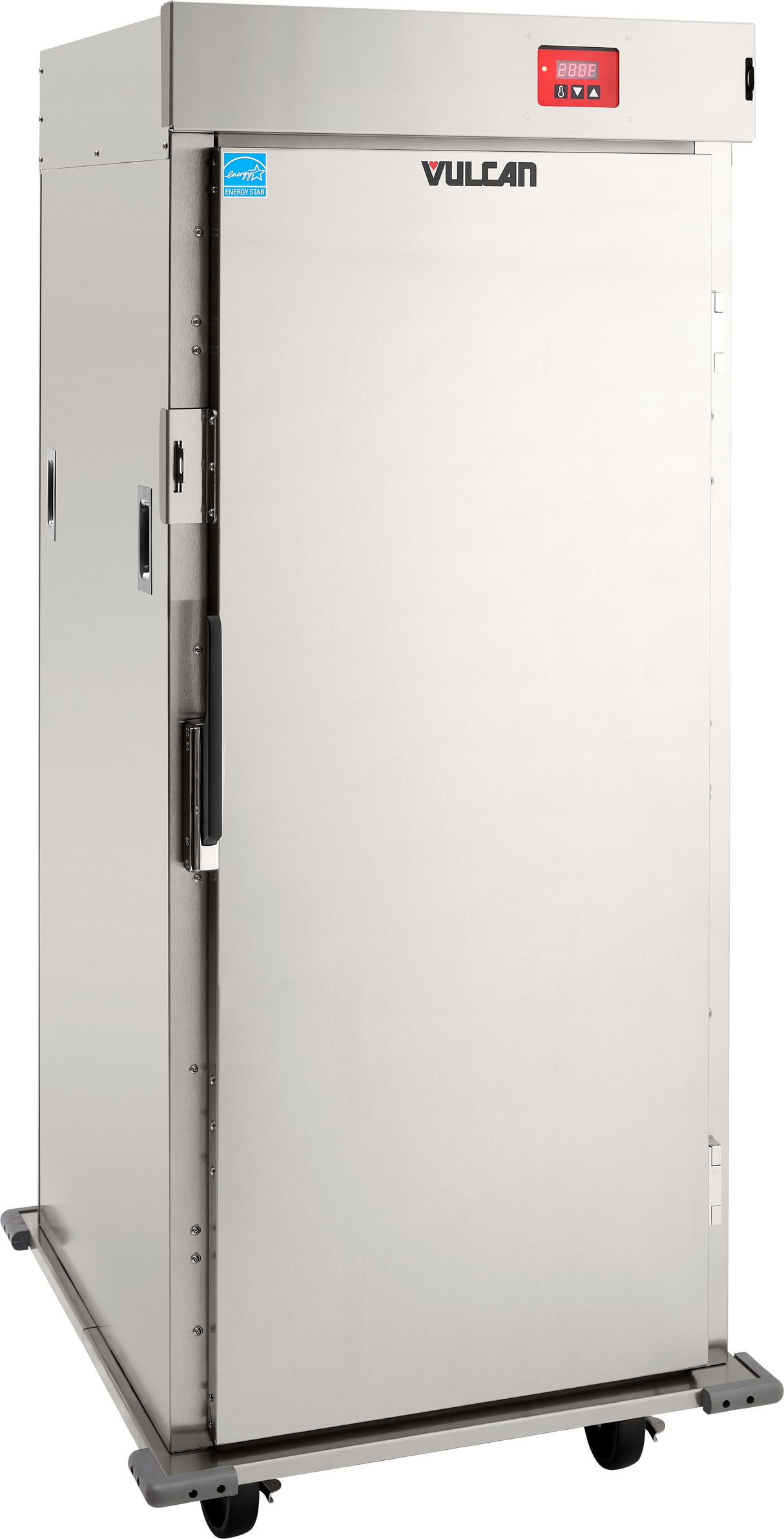 A large, stainless steel Institutional Series commercial warming cabinet with a digital control panel on top, a single solid door with handle, Vulcan logo, side vents, and caster wheels at the base for mobility.