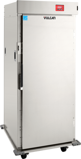 A large, stainless steel Institutional Series commercial warming cabinet with a digital control panel on top, a single solid door with handle, Vulcan logo, side vents, and caster wheels at the base for mobility.