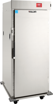 A large, stainless steel Institutional Series commercial warming cabinet with a digital control panel on top, a single solid door with handle, Vulcan logo, side vents, and caster wheels at the base for mobility.