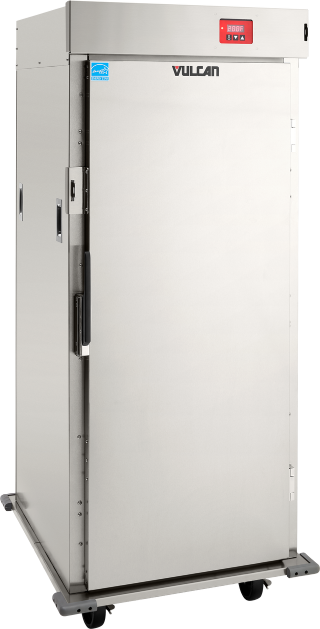 A large, stainless steel Institutional Series commercial warming cabinet with a digital control panel on top, a single solid door with handle, Vulcan logo, side vents, and caster wheels at the base for mobility.