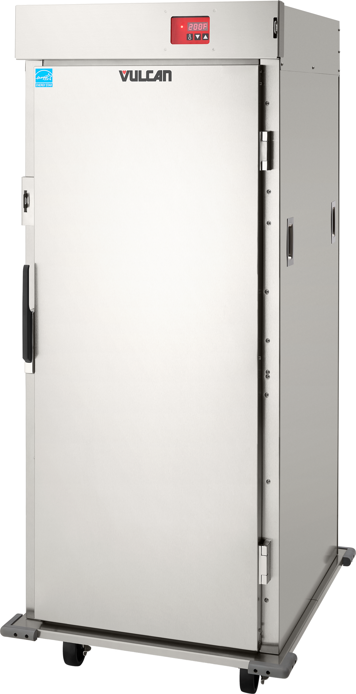 A tall, stainless steel Vulcan institutional series warming cabinet with an insulated door, side handles, digital temperature display, and top control panel. This transport cabinet stands on four caster wheels for mobility and has a clean, industrial look.